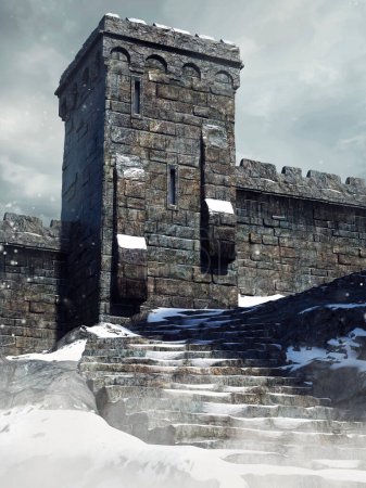 Wieża średniowiecznego zamku w zimowym krajobrazie. Renderowanie 3D.