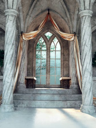 Beautifully ornamented fantasy window with curtains. 3D render.