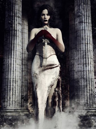 Photo for Gothic scene with a vampire woman holding a dagger and standing between stone columns. 3D render. - Royalty Free Image