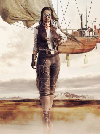 Téléchargez les photos : Femme en tenue steampunk avec la machine volante en arrière-plan. rendu 3D. - en image libre de droit