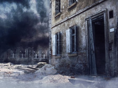 Photo for Street of a ruined city with a destroyed building. 3D render. - Royalty Free Image