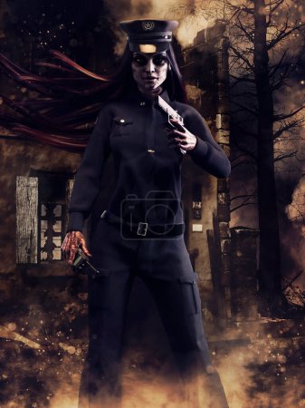 Foto de Zombie oficial de policía mujer de pie con un arma en frente de un edificio en ruinas. Renderizado 3D. - Imagen libre de derechos