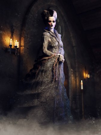 Téléchargez les photos : Scène fantastique avec une femme vampire debout dans une salle sombre éclairée par des bougies. rendu 3D. - en image libre de droit