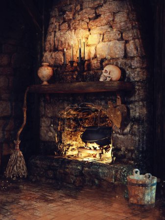 Foto de Escena de fantasía con chimenea con caldero, cráneo, escoba y velas. Renderizado 3D. - Imagen libre de derechos