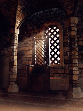 Foto de Escena oscura con una silla de madera en una cámara del castillo, ventanas y columnas de piedra. Renderizado 3D. - Imagen libre de derechos