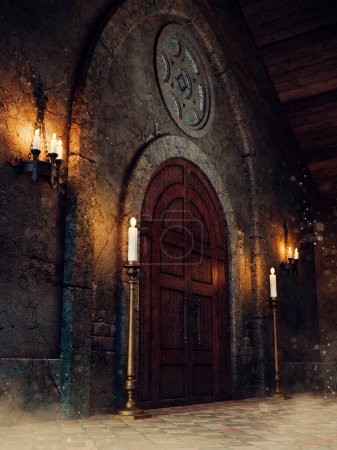 Foto de Escena oscura con puerta de madera en una iglesia, con velas y luces colgantes. Renderizado 3D. - Imagen libre de derechos