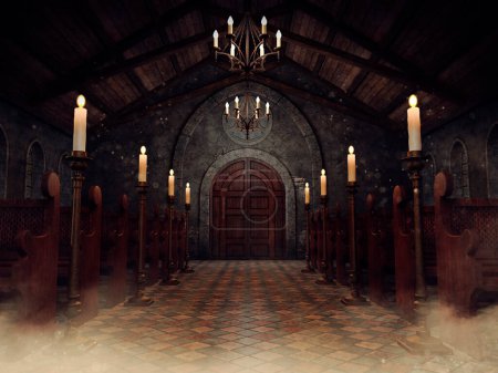 Foto de Iglesia oscura con bancos de madera, velas altas, candelabros colgantes y techo de madera. Renderizado 3D. - Imagen libre de derechos