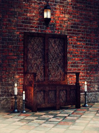 Foto de Escena oscura con un trono medieval de madera con velas y una lámpara colgante encima. Renderizado 3D. - Imagen libre de derechos