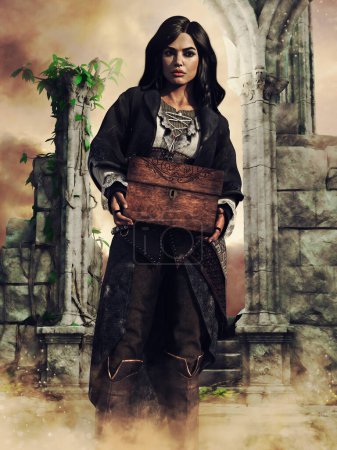 Téléchargez les photos : Pirate girl holding a treasure chest in her hands, standing in front of a ruined temple. 3D render. - en image libre de droit