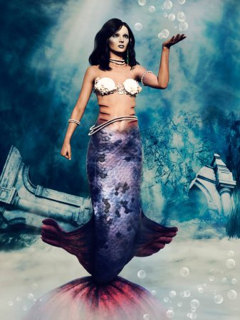 Foto de Joven sirena de fantasía nadando en las ruinas de un templo submarino. Renderizado 3D. - Imagen libre de derechos