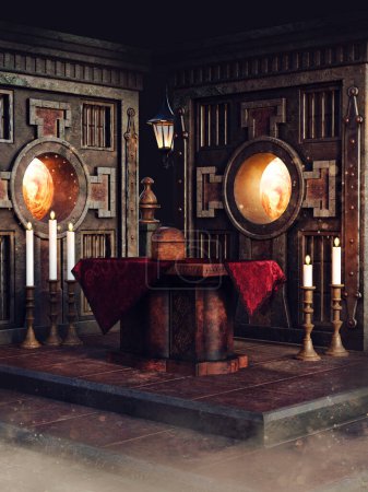 Foto de Templo futurista oscuro con un altar con un cofre de madera, velas y ventanas que muestran energía arremolinada. Renderizado 3D. - Imagen libre de derechos