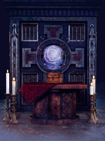 Foto de Escena oscura con un altar futurista con un cofre de madera, velas altas y una ventana a otro mundo. Renderizado 3D. - Imagen libre de derechos