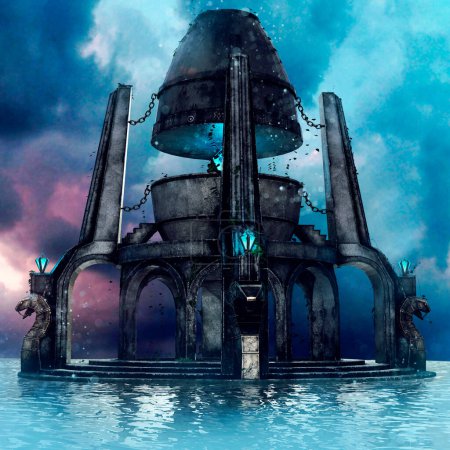 Foto de Escena de fantasía con un templo de piedra flotando en un lago, con cristales azules y estatuas de serpiente. Renderizado 3D. - Imagen libre de derechos