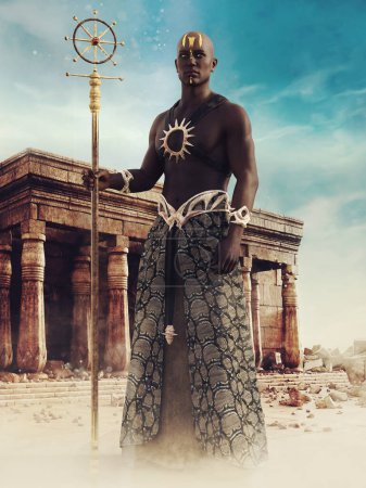 Foto de Fantasía antiguo sacerdote egipcio sosteniendo un bastón de sol y de pie frente a un templo de piedra. Renderizado 3D. - Imagen libre de derechos