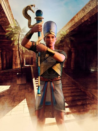 Foto de Escena de fantasía con un antiguo sacerdote egipcio sosteniendo un bastón de cobra y de pie frente a un templo. Renderizado 3D. - Imagen libre de derechos
