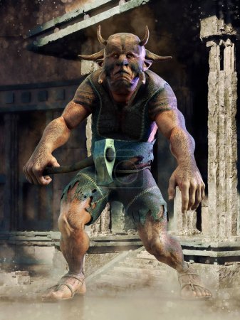 Foto de Escena de fantasía con un guerrero monstruo sosteniendo un martillo de batalla y de pie frente a un templo en ruinas. Renderizado 3D. - Imagen libre de derechos