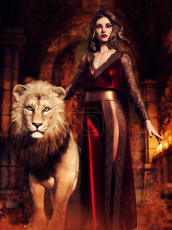 Foto de Escena nocturna con una mujer parada junto a un león en un viejo templo con velas. Renderizado 3D. - Imagen libre de derechos