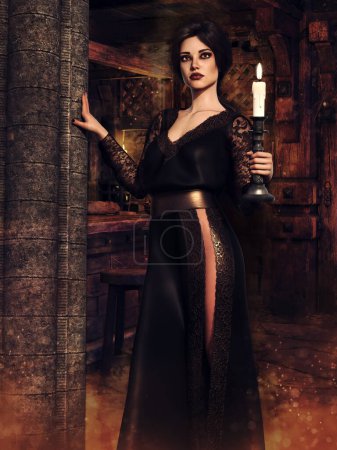 Foto de Escena oscura con una chica vestida con ropa gótica, sosteniendo una vela y de pie junto a una columna de piedra. Renderizado 3D. - Imagen libre de derechos
