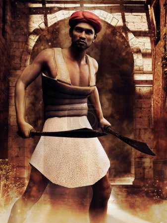 Foto de Guerrero de Oriente Medio sosteniendo dos espadas cortas, de pie frente a una puerta de la ciudad de piedra. Renderizado 3D. - Imagen libre de derechos
