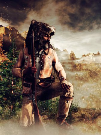 Foto de Viejo cazador sosteniendo un rifle y arrodillado en el suelo, mirando un paisaje montañoso. Renderizado 3D. - Imagen libre de derechos
