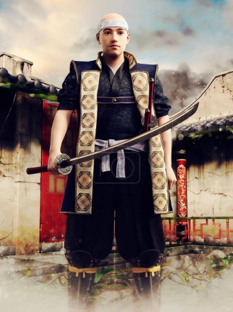 Foto de Joven guerrero japonés con una larga espada en el patio de un antiguo monasterio. Renderizado 3D. - Imagen libre de derechos
