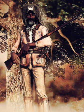 Foto de Fantasía cazador del oeste salvaje vestido con pieles de animales, sosteniendo un rifle y de pie junto a un árbol. Renderizado 3D. - Imagen libre de derechos
