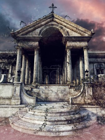 Foto de Escena gótica con una antigua capilla del cementerio con farolillos, vides y una cruz encima. Renderizado 3D. - Imagen libre de derechos