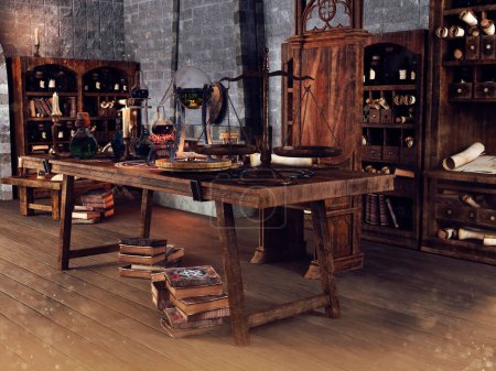 Foto de Sala de biblioteca de fantasía con una mesa de madera, equipo alquímico, libros y pergaminos. Renderizado 3D. - Imagen libre de derechos