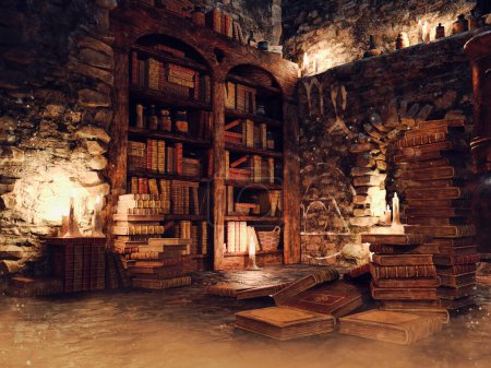 Foto de Escena oscura con una sala de fantasía con libros antiguos, velas y símbolos alquímicos en las paredes. Renderizado 3D. - Imagen libre de derechos