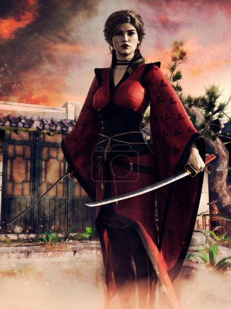 Foto de Escena de fantasía con una luchadora vestida de rojo, sosteniendo dos espadas orientales. Renderizado 3D. - Imagen libre de derechos