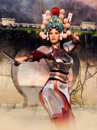 Foto de Escena de fantasía con una guerrera de pie en una pose de lucha en una puerta redonda. Renderizado 3D. - Imagen libre de derechos