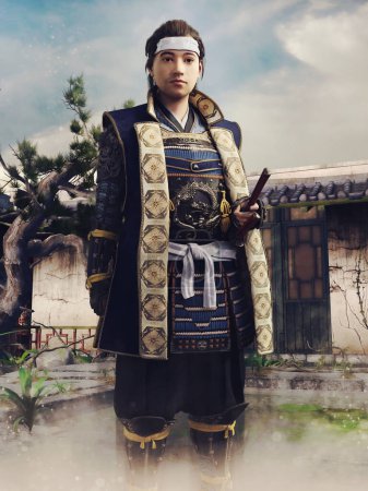 Foto de Escena de fantasía con amale guerrero masculino de pie con una espada en el patio de una mansión japonesa. Renderizado 3D. - Imagen libre de derechos