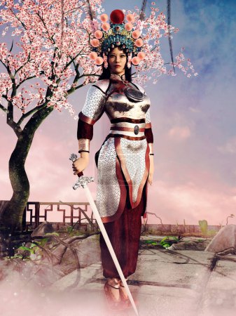 Foto de Escena de fantasía con una guerrera japonesa de pie con una espada junto a un cerezo. Renderizado 3D. - Imagen libre de derechos