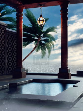 Foto de Escena de fantasía con una piscina oriental con una lámpara colgante con el mar y el cielo azul detrás. Renderizado 3D. - Imagen libre de derechos