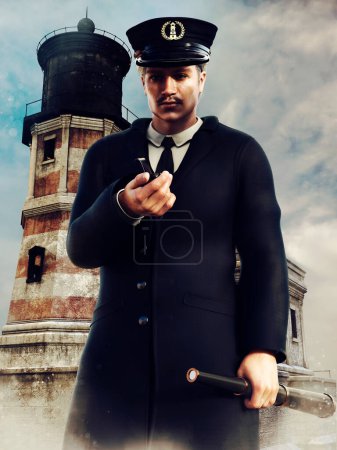 Foto de Faro guardián de pie en frente del edificio con su pipa y catalejo. Renderizado 3D. - Imagen libre de derechos