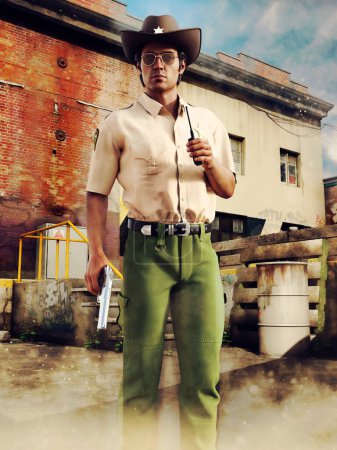 Foto de Escena colorida con un sheriff sosteniendo un arma y de pie frente a un viejo edificio en un callejón trasero. Renderizado 3D. - Imagen libre de derechos