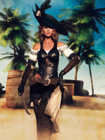 Foto de Escena de fantasía con una chica pirata sosteniendo una espada, de pie en una playa de una isla. Renderizado 3D. - Imagen libre de derechos