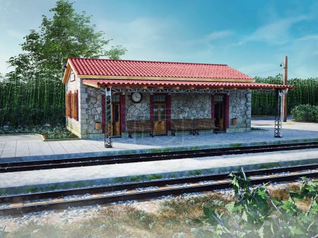 Foto de Escena colorida con una pequeña estación de tren en el campo en un día soleado. Renderizado 3D. - Imagen libre de derechos