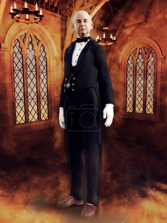 Foto de Escena retro con un mayordomo victoriano parado en una habitación junto a una ventana ornamentada. Renderizado 3D. - Imagen libre de derechos