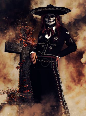 Foto de Mujer mexicana de fantasía con un maquillaje de cráneo de azúcar de pie junto a una lápida en forma de cruz. Renderizado 3D. - Imagen libre de derechos