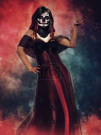 Foto de Escena de fantasía con una mujer con un maquillaje de cráneo de azúcar en una pose de baile en llamas. Renderizado 3D. - Imagen libre de derechos
