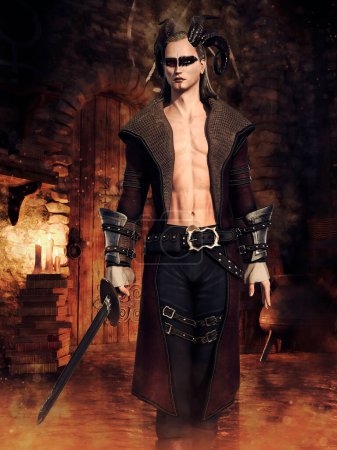 Foto de Fantasía demonio pícaro con cuernos, sosteniendo una espada y de pie en la puerta en una oscura mazmorra. Renderizado 3D. - Imagen libre de derechos
