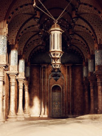 Foto de Fantasía antiguo templo de Oriente Medio con el suelo cubierto de arena. Renderizado 3D. - Imagen libre de derechos