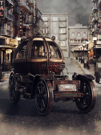 Foto de Escena de fantasía con un coche steampunk en una calle de una ciudad victoriana brumosa. Renderizado 3D. - Imagen libre de derechos