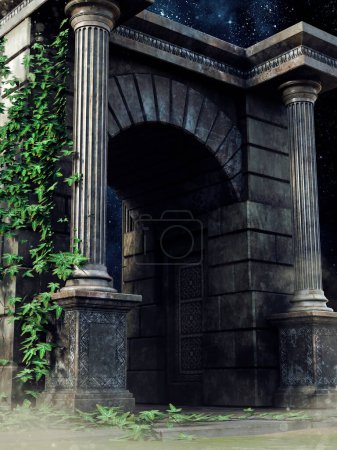 Foto de Escena nocturna con un arco de piedra gótica con columnas y hiedra verde en las paredes. Renderizado 3D. - Imagen libre de derechos