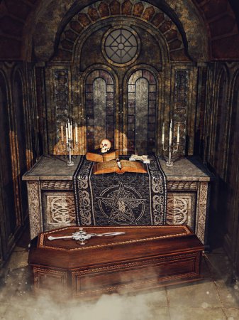 Foto de Altar de fantasía en una capilla con libros, velas, un cráneo y un ataúd al lado. Renderizado 3D. - Imagen libre de derechos