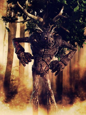 Foto de Escena de fantasía con un hombre árbol con hojas verdes caminando a través de un oscuro bosque de niebla. Renderizado 3D. - Imagen libre de derechos