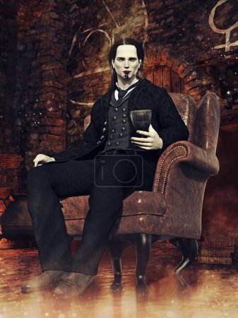 Foto de Escena de fantasía con un vampiro sentado en un sillón con un cáliz en la mano. Renderizado 3D. - Imagen libre de derechos