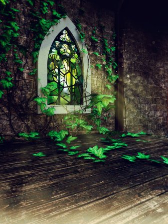 Foto de Escena gótica con una antigua ventana ornamentada con hiedra verde a través de la cual entra luz en la habitación. Renderizado 3D. - Imagen libre de derechos