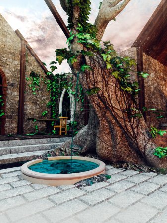 Foto de Patio de fantasía con un viejo árbol apoyado sobre una pequeña piscina redonda. Renderizado 3D. - Imagen libre de derechos